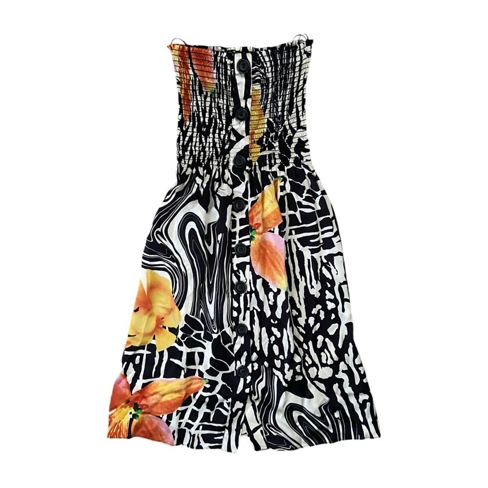 Cache Vintage Tube Top Dress Floral Hawaiian Button Up Size XS 100% Silk Black